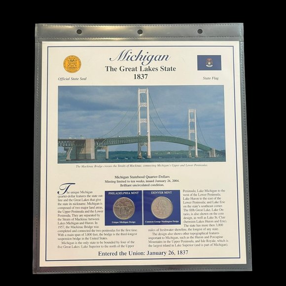 Michigan State Postal Commemorative Society‎ Statehood Quarters Collection Sheet - Picture 1 of 2